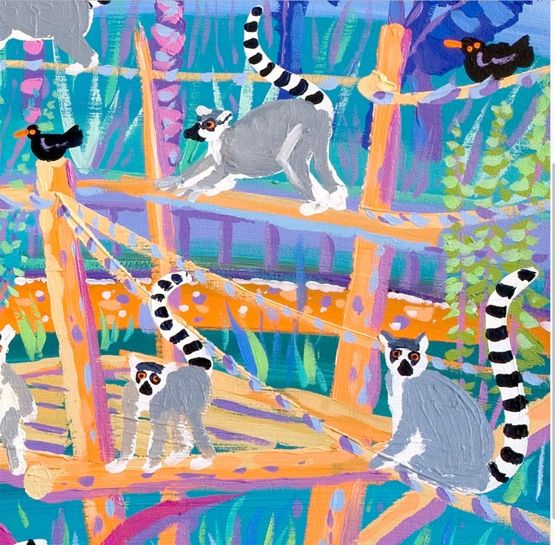 Original Painting. Huggable Loveable Lemurs. Newquay Zoo. Darwin 200 Official Painting by artist in residence John Dyer.