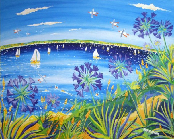 Agapanthus overlooking the sea at St Michael&#39;s Mount looking back to Penzance. Art print by Cornish artist John Dyer