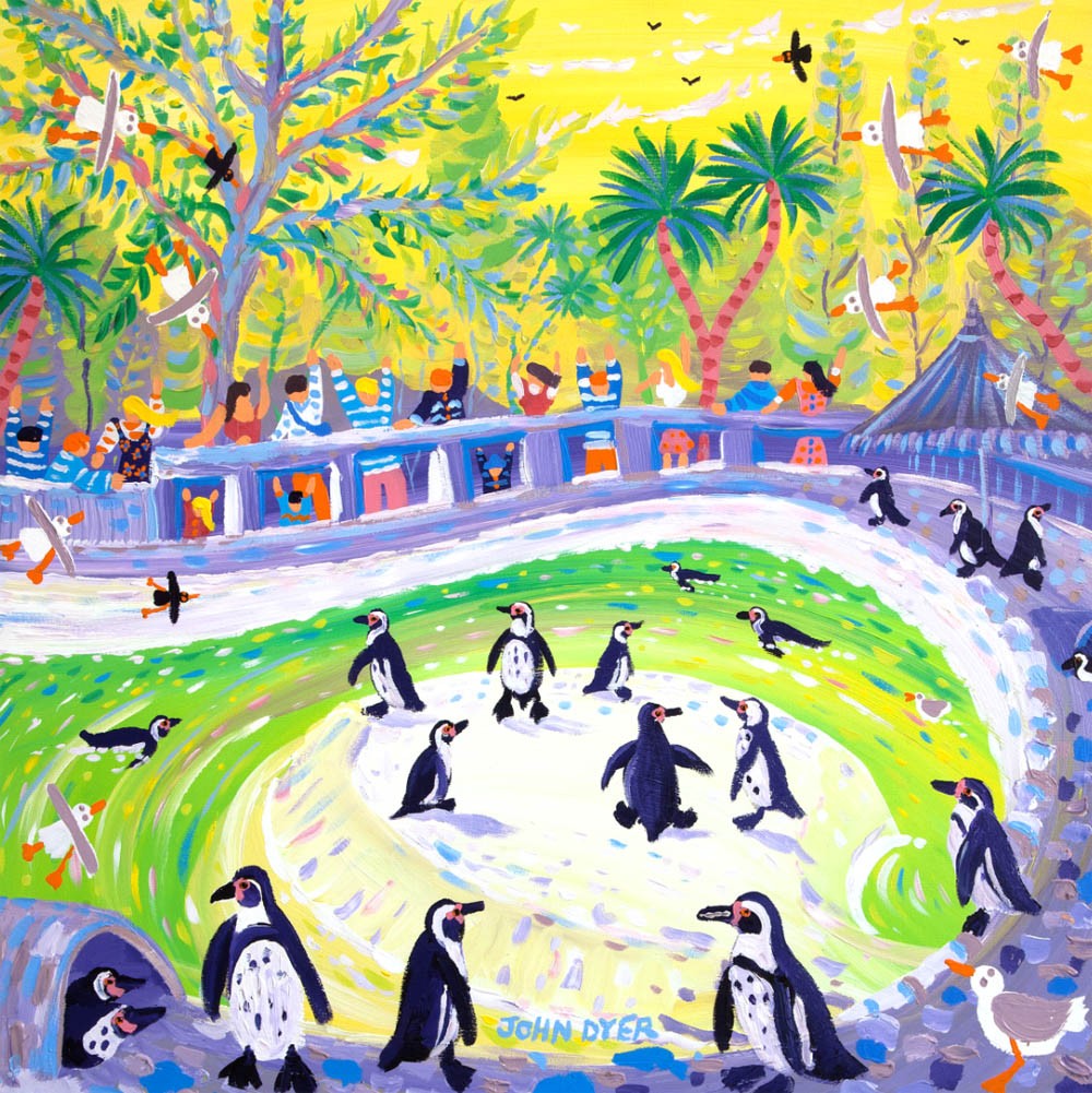 Signed Print by John Dyer. Peckish Penguins at Newquay Zoo.