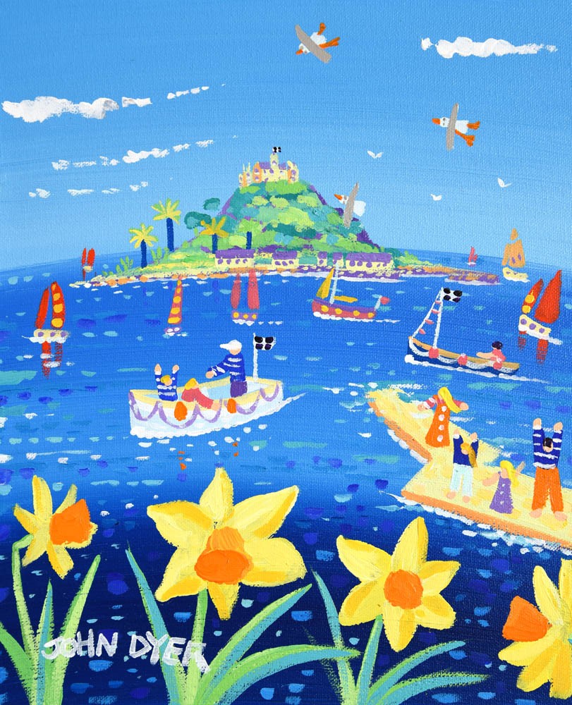 John Dyer Painting. A Perfect Spring Day, St Michael's Mount, Cornwall. Daffodils