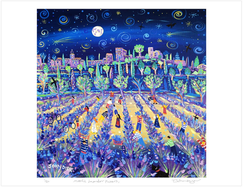 Limited Edition French Print by John Dyer. Moonlit Lavender Pickers, Ménerbes, Provence. 