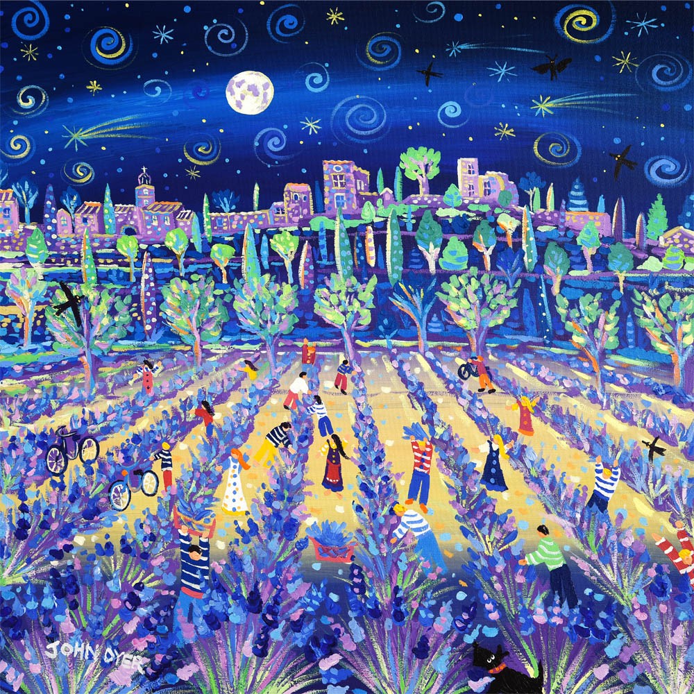 Limited Edition French Print by John Dyer. Moonlit Lavender Pickers, Ménerbes, Provence. 