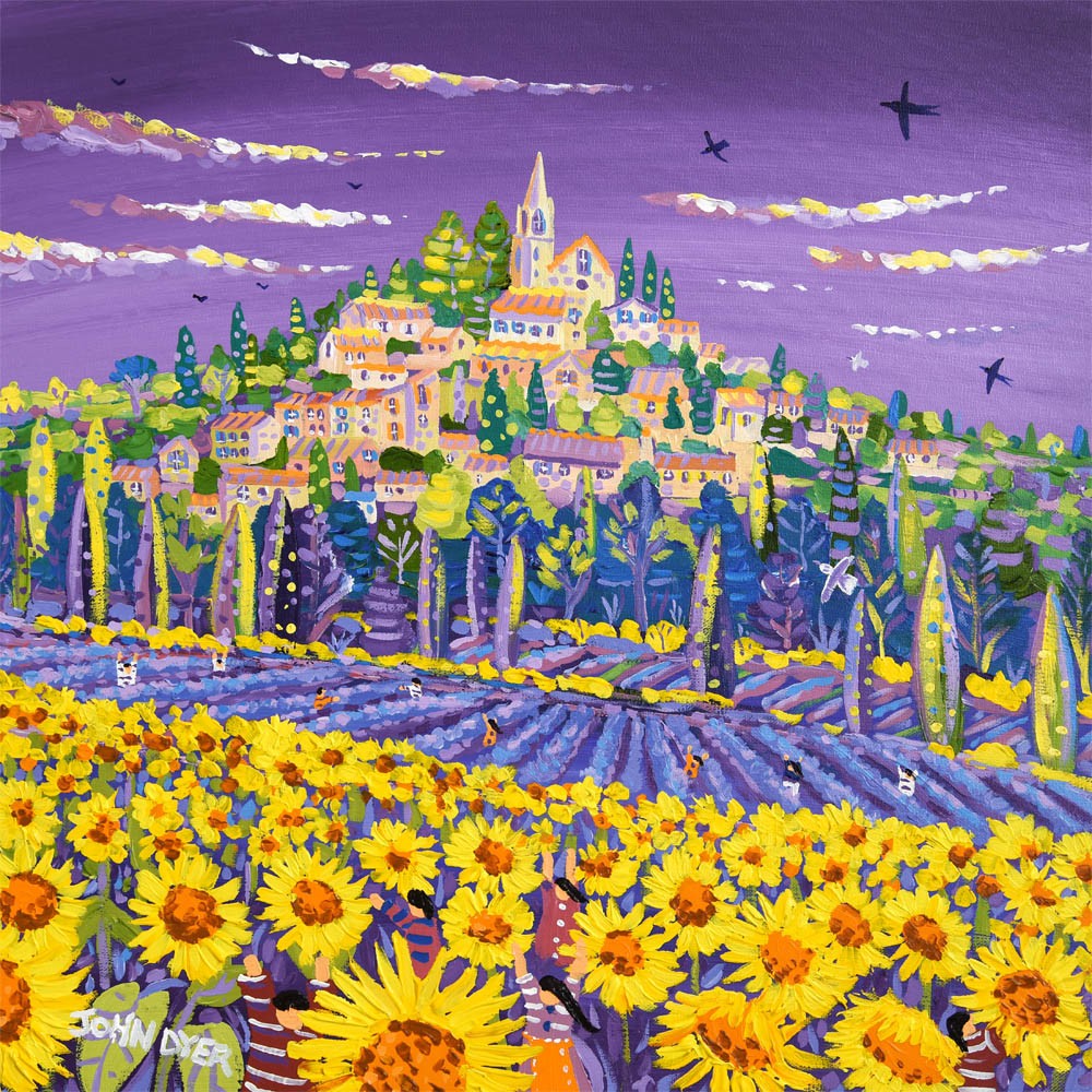 Limited Edition French Print of Sunflowers and Lavender by John Dyer. 'Fields of Colour, Bonnieux, Provence'.