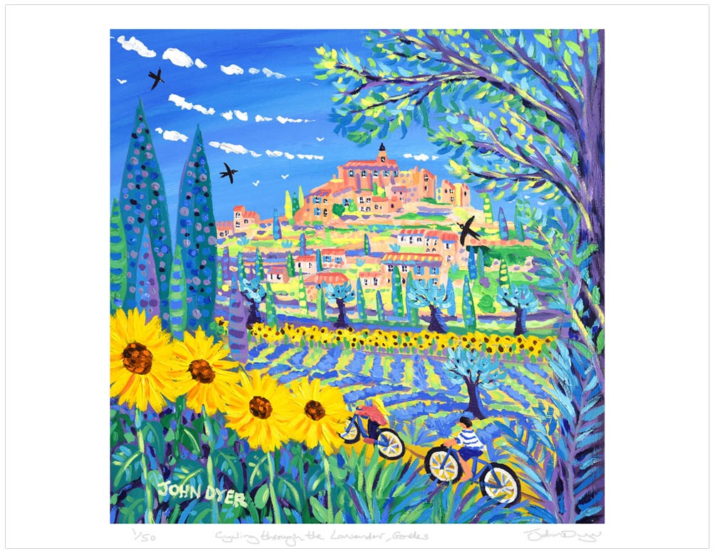 Sunflowers and lavender painting - john dyer captures two cyclists on bikes riding through the landscape of Provence in this limited edition print of the village of Gordes.