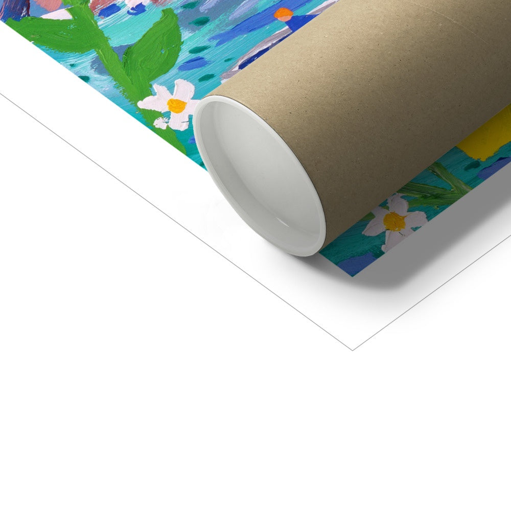 John Dyer Fine Art Print. Open Edition Cornish Art Print. 'Moon Daisies and Fishermen, Port Loe'. Cornwall Art Gallery