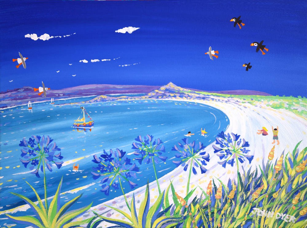Signed Limited Edition Print by Cornish Artist John Dyer. 'Blue Sky, Pentle Bay, Tresco'. Cornwall Art Gallery Print