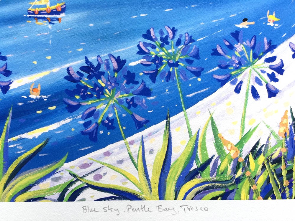 Signed Limited Edition Print by Cornish Artist John Dyer. &#39;Blue Sky, Pentle Bay, Tresco&#39;. Cornwall Art Gallery Print
