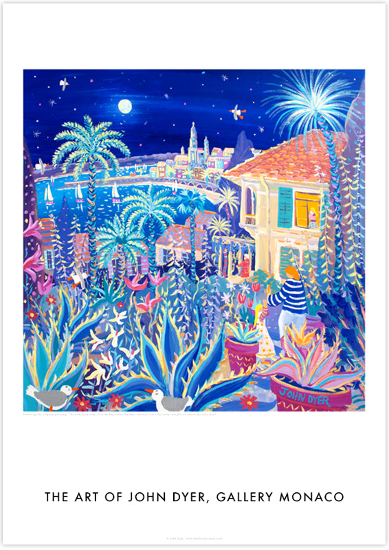 John Dyer Art Poster Print. Gallery Monaco Range. Moonlit Serenade, Clos du Peyronnet Garden, Menton