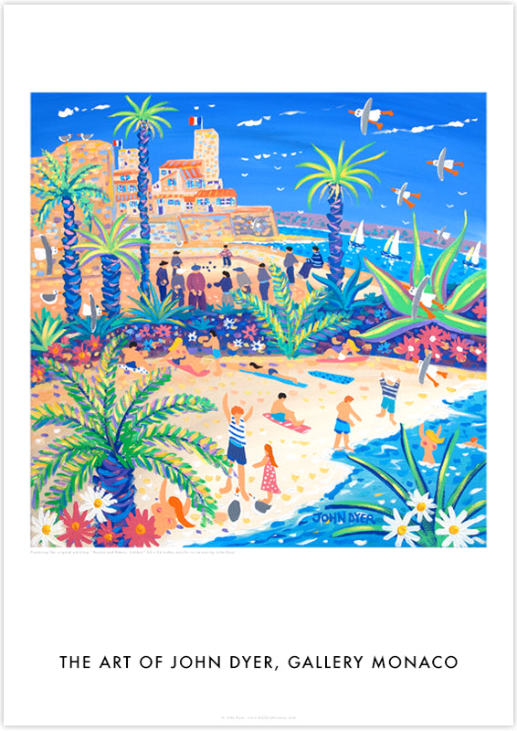 Topless sunbathers on the beach in Antibes in France painted by John Dyer. Tropical plants and palm trees, and a game of boules. Art poster print. John Dyer Art Poster Print. Gallery Monaco Range. Boules and Babes, Antibes, France