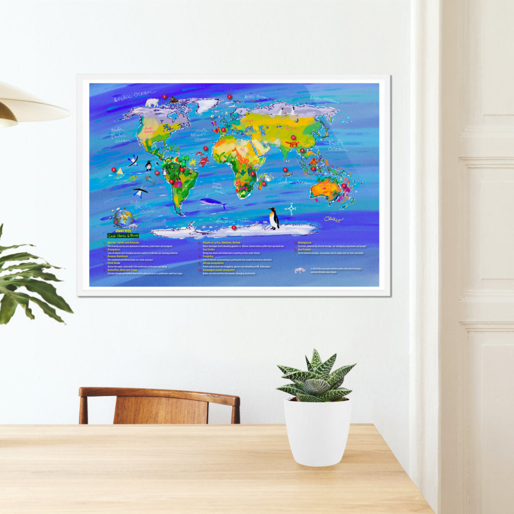 Framed poster of climate chamge world map and wildlife.