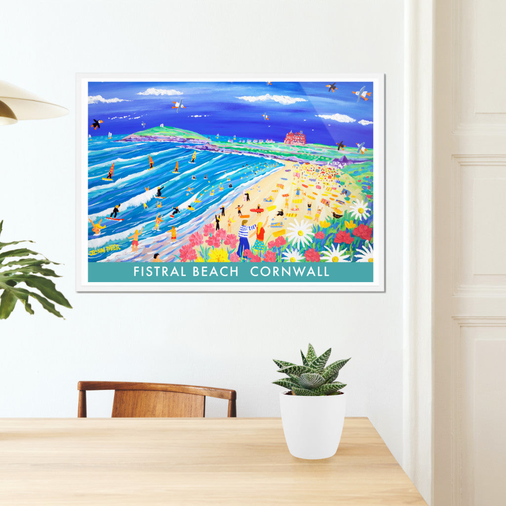 Cornish Art Print of Fistral Beach, Newquay in Cornwall by Cornish Artist John Dyer. Cornwall Art Gallery, Vintage Style Posters