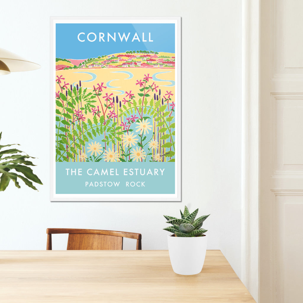 Camel Estuary, Padstow, Rock Art Print by Cornish Artist Joanne Short. Cornwall Art Gallery, Vintage Style Poster Prints of Cornwall.