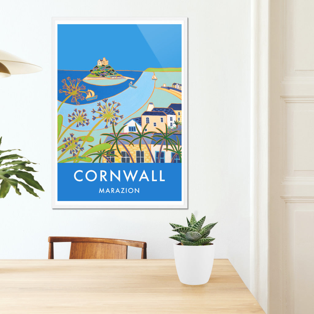 Marazion and St Michael&#39;s Mount. Art Prints of Cornwall by Cornish Artist Joanne Short. Cornwall Art Gallery, Vintage Style Posters.