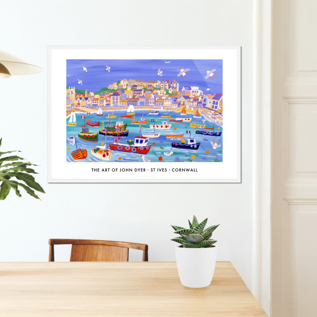Poster of St Ives, Cornwall by John Dyer. Boats in the Harbour on a High Tide