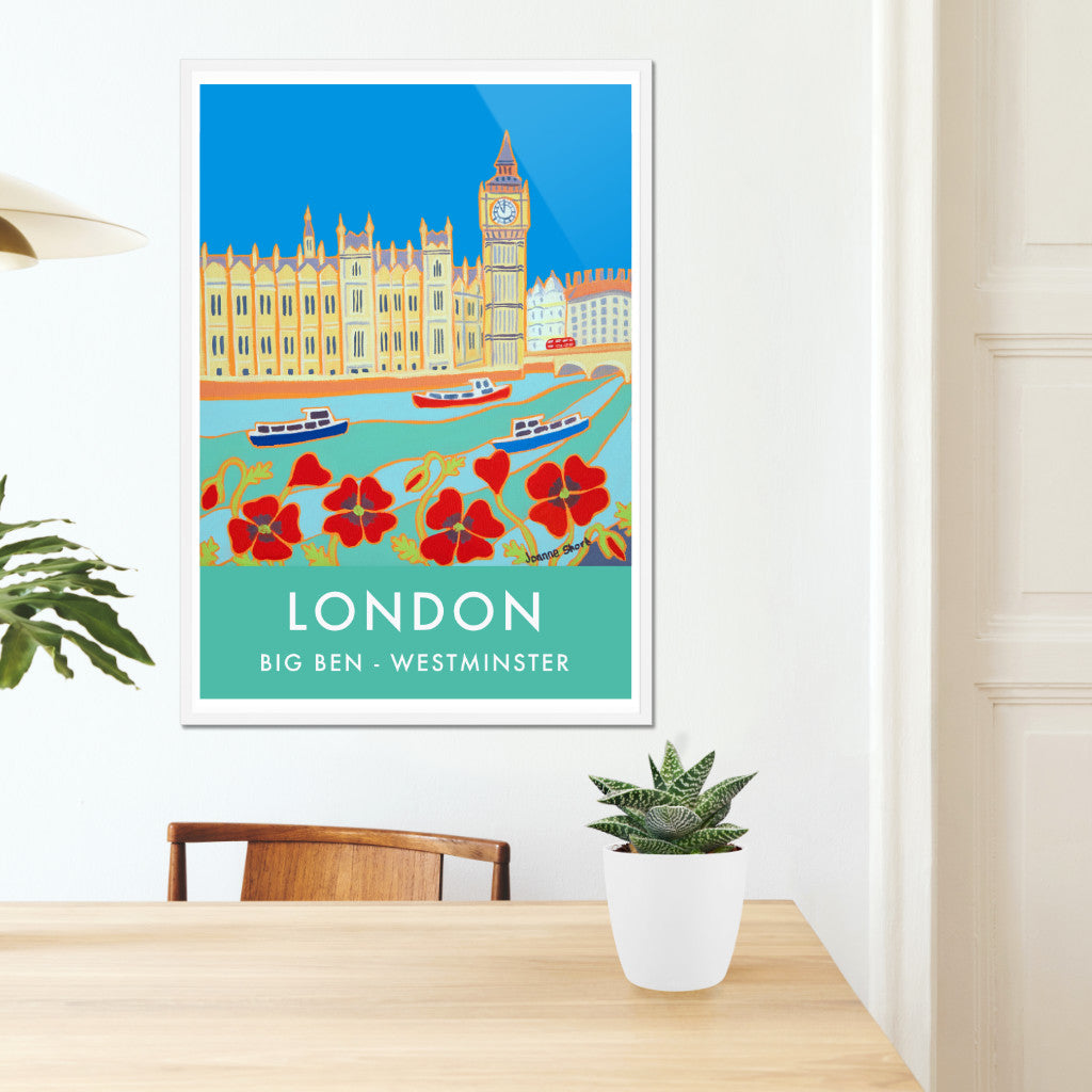 Framed London wall art poster print of the River Thames and the Palace of Westminster, Houses of Parliament and Big Ben by British artist Joanne Short. &#39;Cruising past Big Ben&#39; is the title of Joanne Short&#39;s painting that features on this vintage style travel wall art archival poster of London. Red poppies fill the foreground and three river cruise boats in red, white and blue sail past the Palace of Westminster - Houses of Parliament and Big Ben.