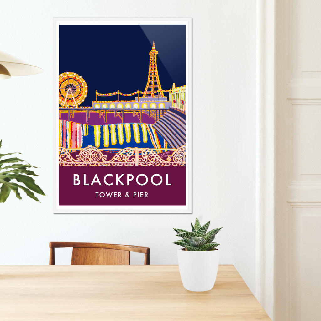 Vintage Style Travel Wall Art Poster Print by Joanne Short. Blackpool Tower and Pier