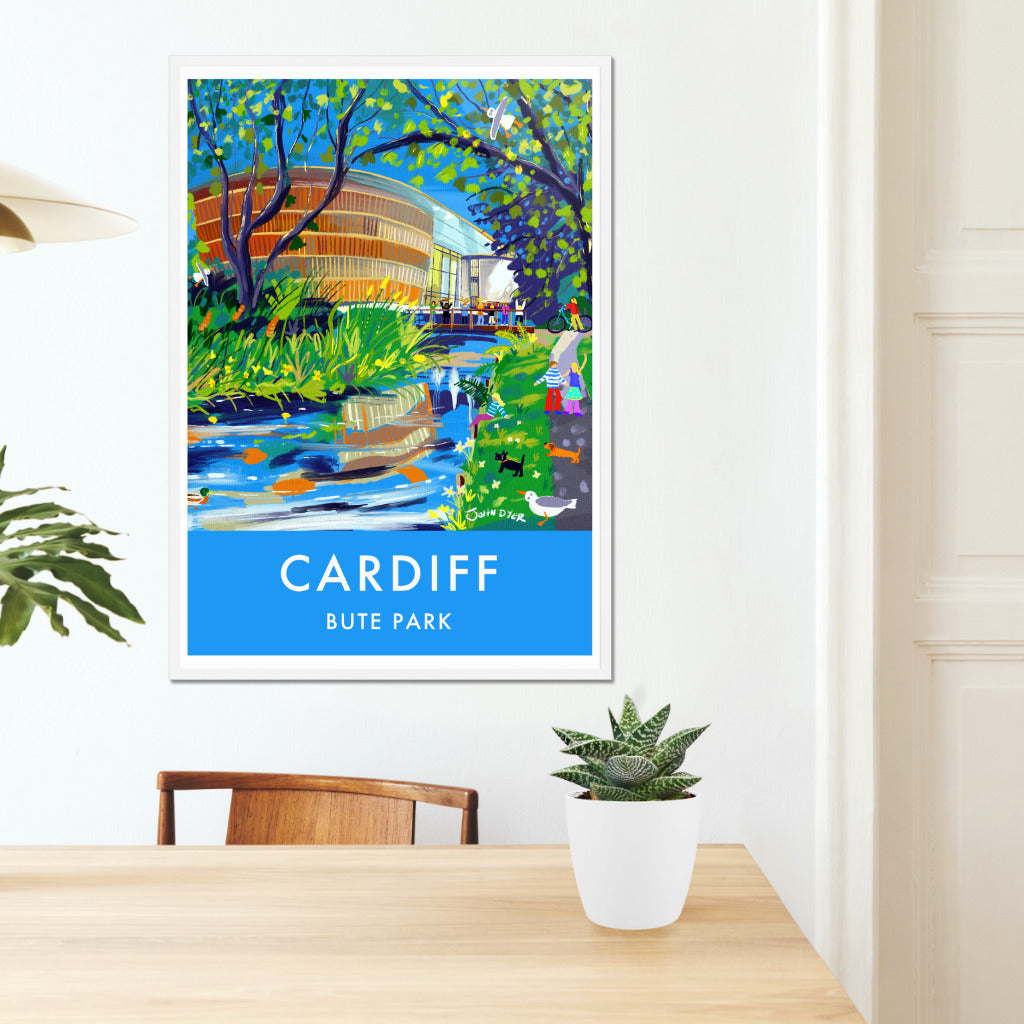 Vintage Style Travel Art Poster Print by John Dyer. Cardiff, Bute Park Garden in Wales. RWCMD