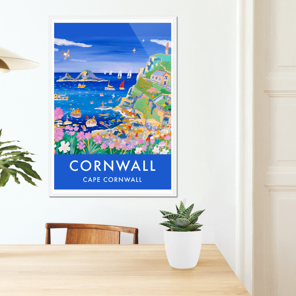John Dyer wall art poster print of Cape Cornwall. Sea pinks and wild flowers carpet the cliffs. Fishing boats explore the bay and swimmers jump and dive from the rocks at Cape Cornwall. This is one of Cornwall&#39;s most remote and unspoilt locations and this art poster print brings all the fun and energy the artist finds there to us. Available unframed or framed in a range of sizes and ready to hang on your wall.
