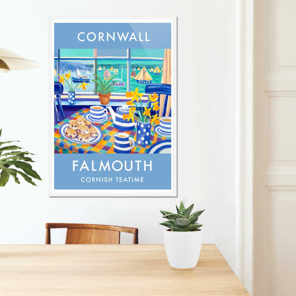 Vintage style wall art travel poster print of a Cornish Cream Tea in Falmouth, Cornwall by artist John Dyer. The table is set with scones and cups of tea in Cornish Blue TG Green cups and saucers. Yellow daffodils can be seen in a spotted blue vase and on the windowsill. Beyond we can see sailing boats and sea through the window looking out to the Carrick Roads and the River Fal. Available unframed, or framed and ready to hang on your wall.