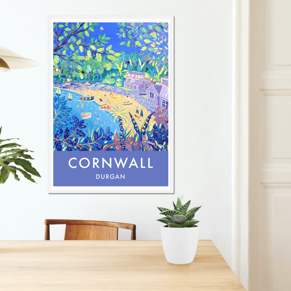 A wonderful wall art travel poster print of Durgan in Cornwall by Cornish artist John Dyer. John Dyer&#39;s paintings are widely acclaimed and he is Cornwall&#39;s best loved contemporary artist. This delightful art poster print brings us one of his stunning paintings of Durgan on the Helford River. Purple and blues combine to create a tranquil glimpse of the beach at Durgan. A perfect window onto Cornwall that you can add to your home or office. Available unframed, or framed ready to hang on your wall.