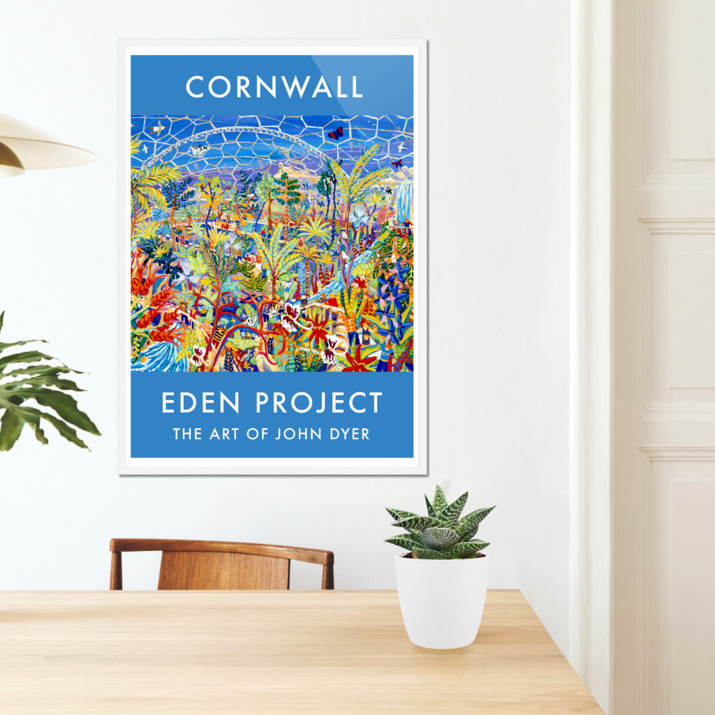 Fine art wall poster print of the Eden Project rainforest biome by Cornish artist John Dyer. John Dyer is the artist in residence for the Eden Project and this is the most famous painted image of the Eden Project. This vintage style art poster print brings the painting &#39;Garden of Eden&#39; to a wider audience with vibrant colour and vintage style typography.