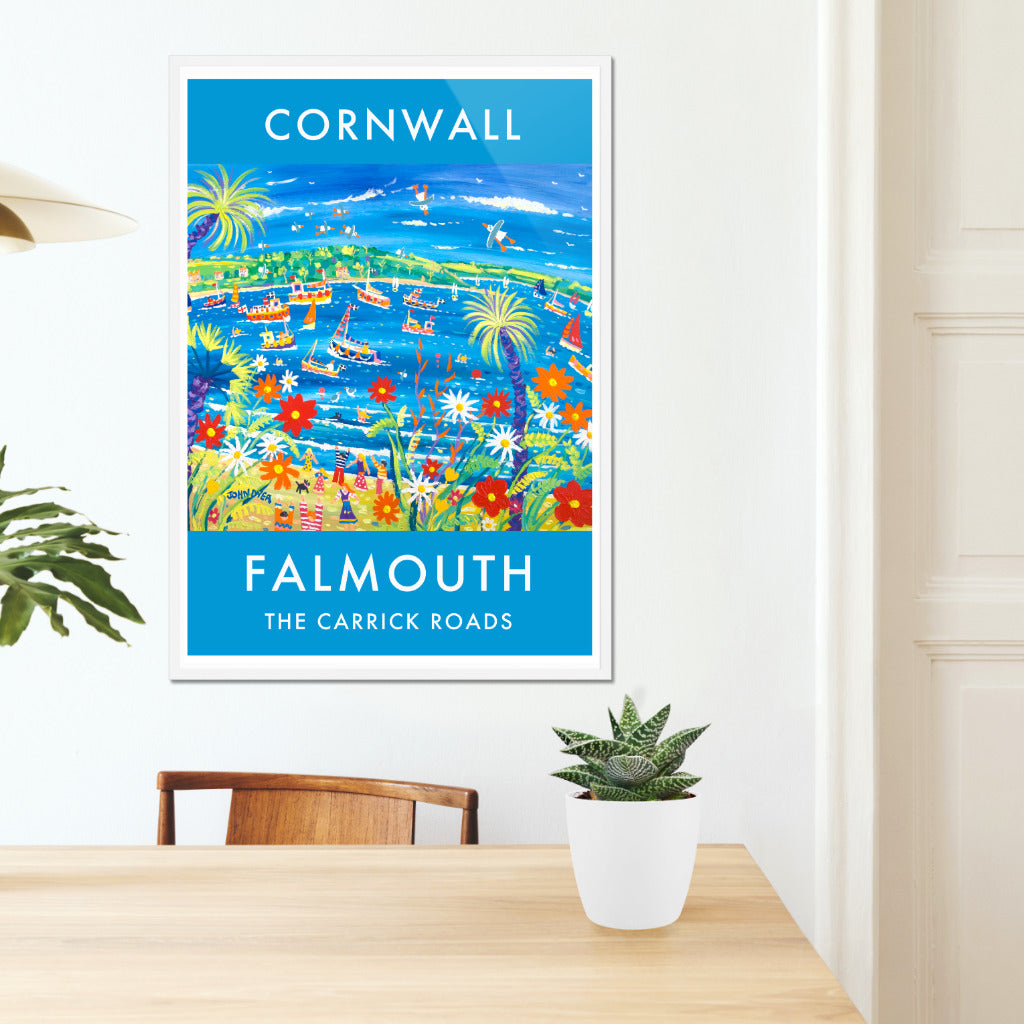 Wall art poster print of Falmouth and the Carrick Roads and River Fal in Cornwall by acclaimed Cornish artist John Dyer. John&#39;s paintings are famous the world over and his optimistic colourful representations of Cornwall are instantly recognisable with his famous seagulls and use of colour. This art poster is a classic John Dyer image - full of fun, boats, tropical plants and people enjoying the river at Falmouth on the south coast of Cornwall. Available unframed or framed ready your hang on your wall.