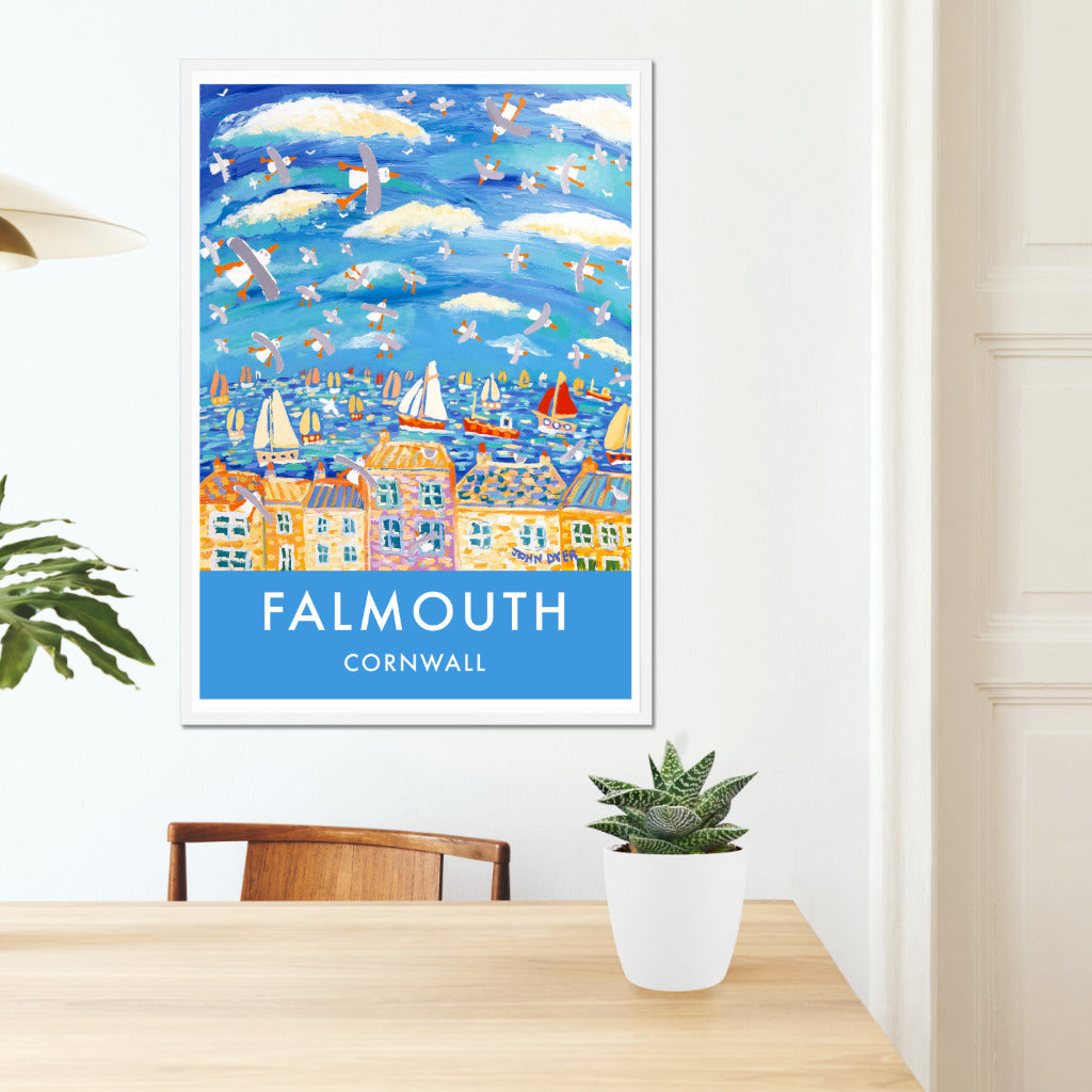 We love this vintage style travel wall art poster print of seagulls over Falmouth in Cornwall from one of Cornwall&#39;s best loved artists, John Dyer. John&#39;s work is collected all over the world but it is lovely to see his home town of Falmouth in Cornwall inspiring this seagull filled seascape. It is bound to bring a touch of Cornwall and memories of happy times to all who view. Boats fill the bay and seagulls fill the sky over Falmouth. Available unframed or framed and ready for your wall at home.