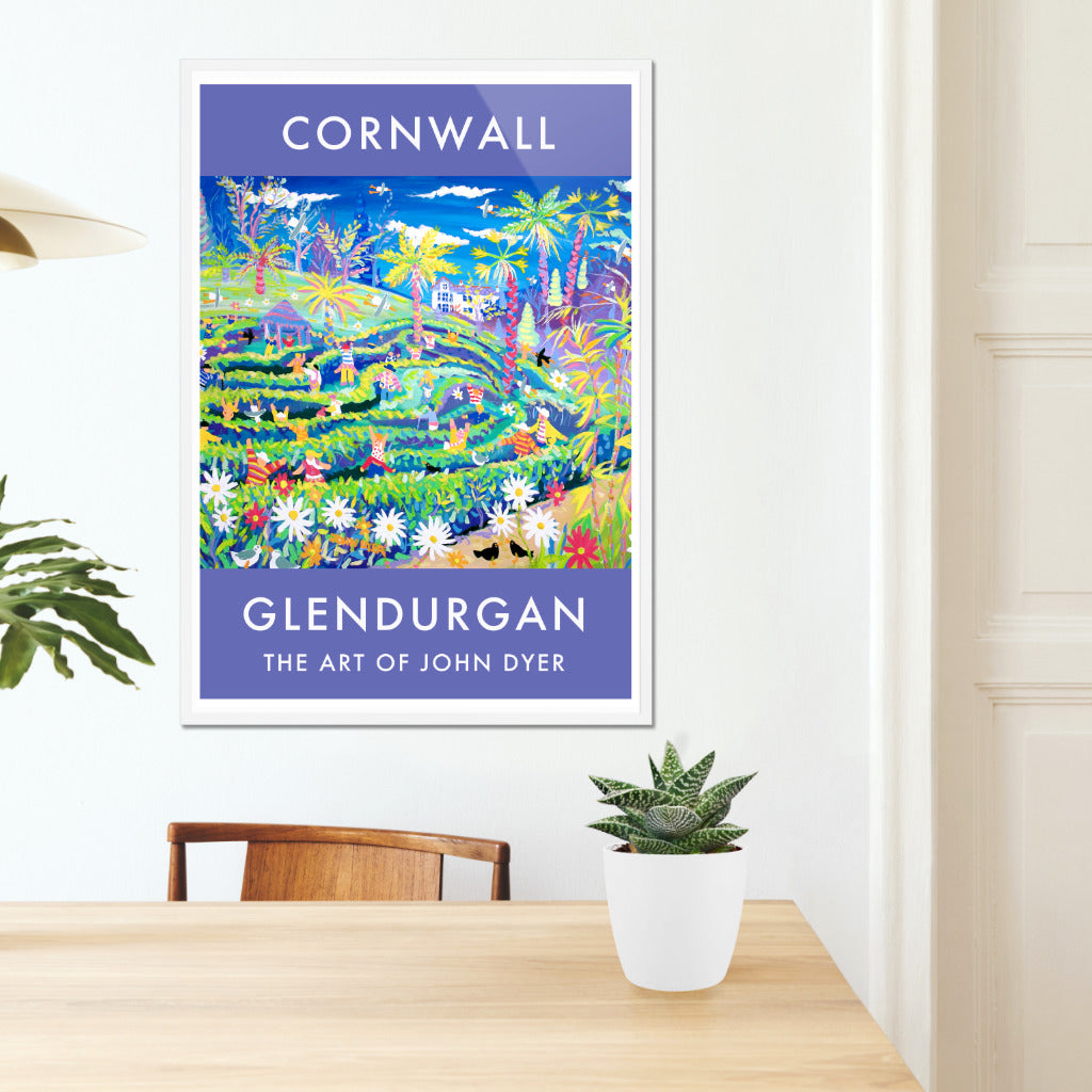 John Dyer wall art poster print of the National Trust&#39;s maze at Glendurgan Garden in Cornwall. Families rush around in the maze, the tropical gardens explode in shapes and colour and seagulls and black birds animate the sky. A fabulous art poster print. John Dyer&#39;s famous painting of Glendurgan Garden &#39;Amazing Mayhem in the Maze in May&#39; that features on this art poster print is owned by the National Trust and on permanent public display at the entrance to Glendurgan gardens.