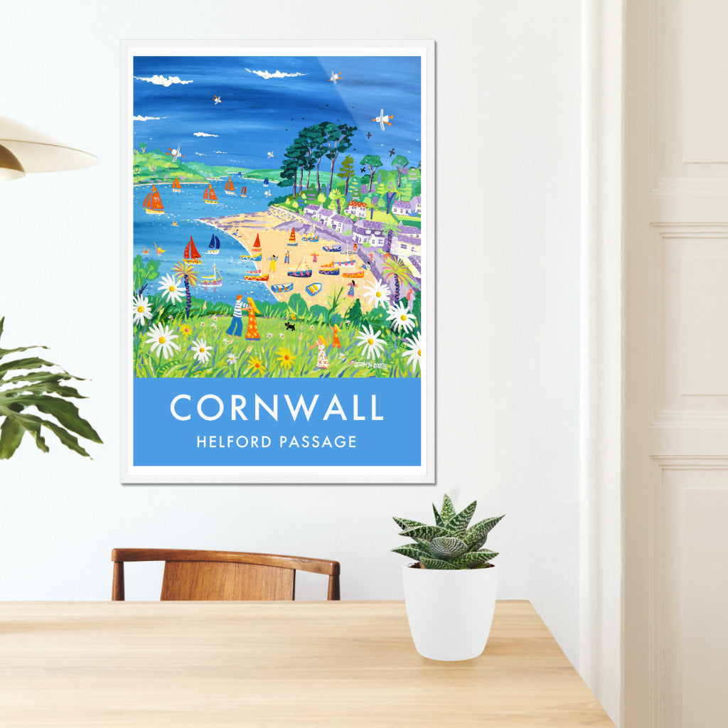 John Dyer wall art poster print of the Helford Passage on the South coast of Cornwall.  A couple dance on the cliffside while children play in the wild flowers of the meadow overlooking Helford Passage. Small boats and dinghies fill the beach and river with colour and fun. A perfect poster of Cornwall. Available unframed or framed and ready to hang on your wall.
