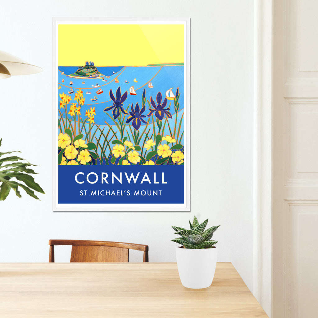 Cornwall wall art poster print of St Michael&#39;s Mount, Mount&#39;s Bay by Cornish artist Joanne Short. If you are looking for a vintage style art travel poster of Cornwall then look no further. This gorgeous print from Newlyn Society artist Joanne Short brings you the vintage look &amp; a piece of contemporary art. The almost luminous yellow sky &amp; bands of blue sea rolling in towards the blue iris, daffodils &amp; primroses draw our eye to St Michael&#39;s Mount which is surrounded by colourful Cornish boats.