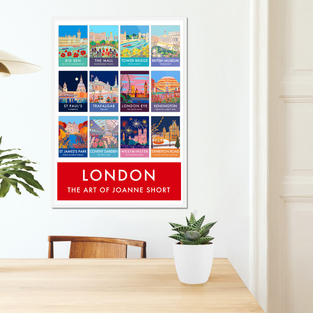 Framed London wall art poster print of famous London Landmarks by British artist Joanne Short. A stunning vintage style art poster of London featuring twelve beautiful images of London painted by British colourist artist Joanne Short. Big Ben, Buckingham Palace, Tower Bridge, The British Museum, St Paul&#39;s Cathedral, Trafalgar Square, The London Eye, The Royal Albert Hall, St James&#39;s Park and Horse Guards Parade, Covent Garden, Westminster Abbey and the Natural History Museum