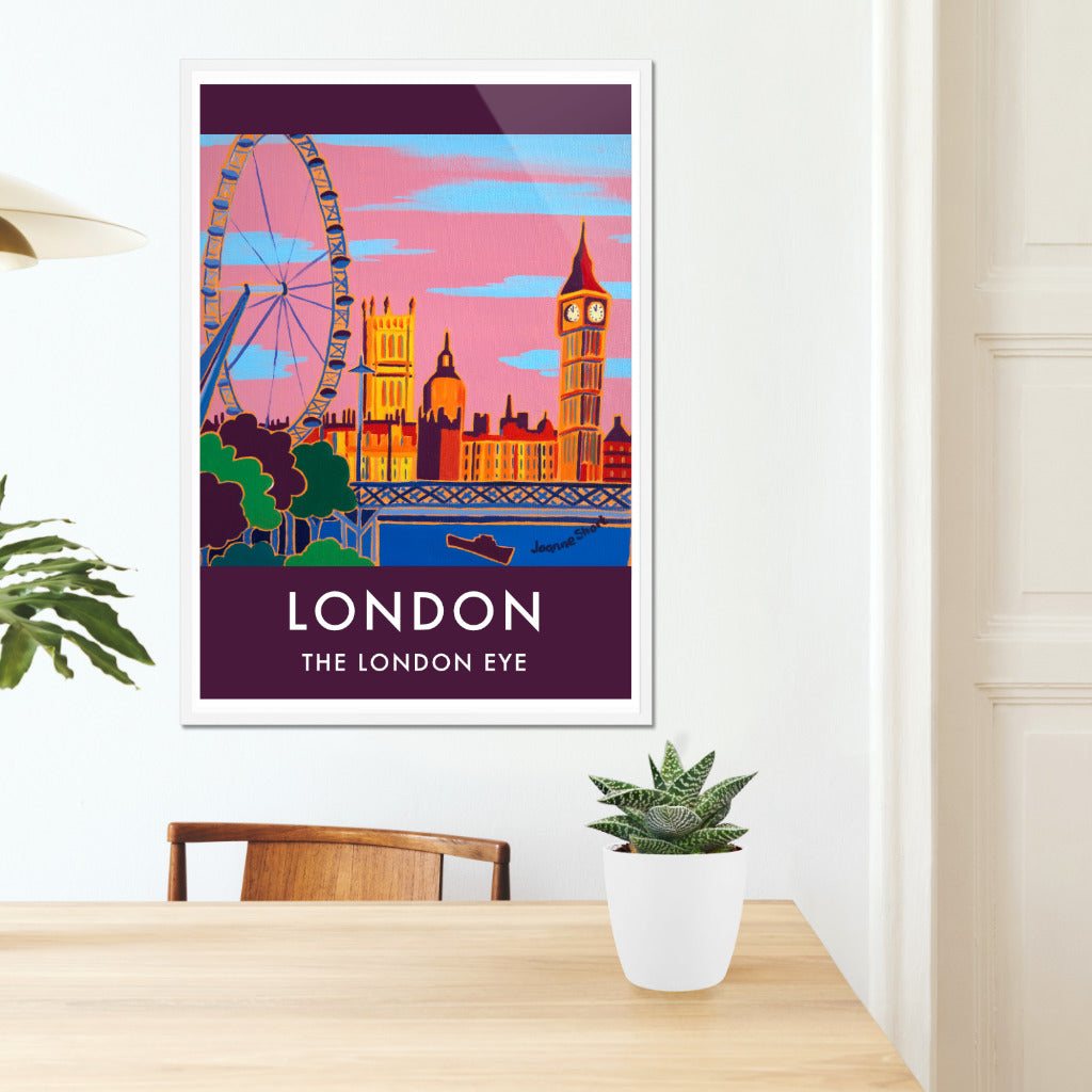 Framed London wall art poster print featuring the London Eye, River Thames, Big Ben and the Houses of Parliament by British artist Joanne Short. Vintage Style Travel Poster by Joanne Short of The London Eye featuring her painting &#39;Evening Sky at the London Eye&#39;. The poster has an almost feel about it with the rich background colour running above and below the image with white vintage style type.