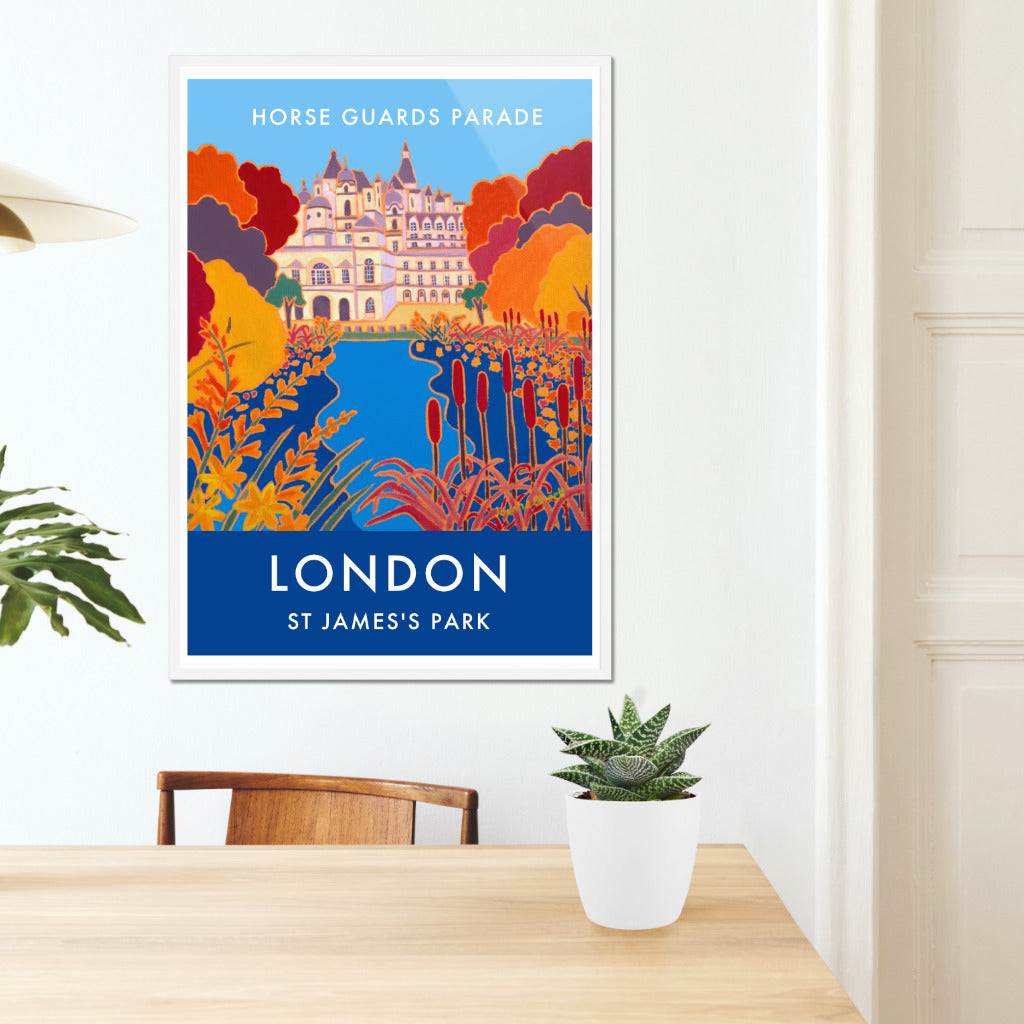 Framed London wall art poster print of St James&#39;s Park and Horse Guards parade by British artist Joanne Short. A Vintage Style Travel Poster by Joanne Short of St James&#39;s Park and Horse Guards Parade in London featuring her stunning painting &#39;Autumn Colours, St James&#39;s Park&#39;. Joanne&#39;s amazing use of line and form create stunning shapes and colours in the lake with bullrushes and autumn leaves providing the foreground to our view across the water to Horse Guards Parade.