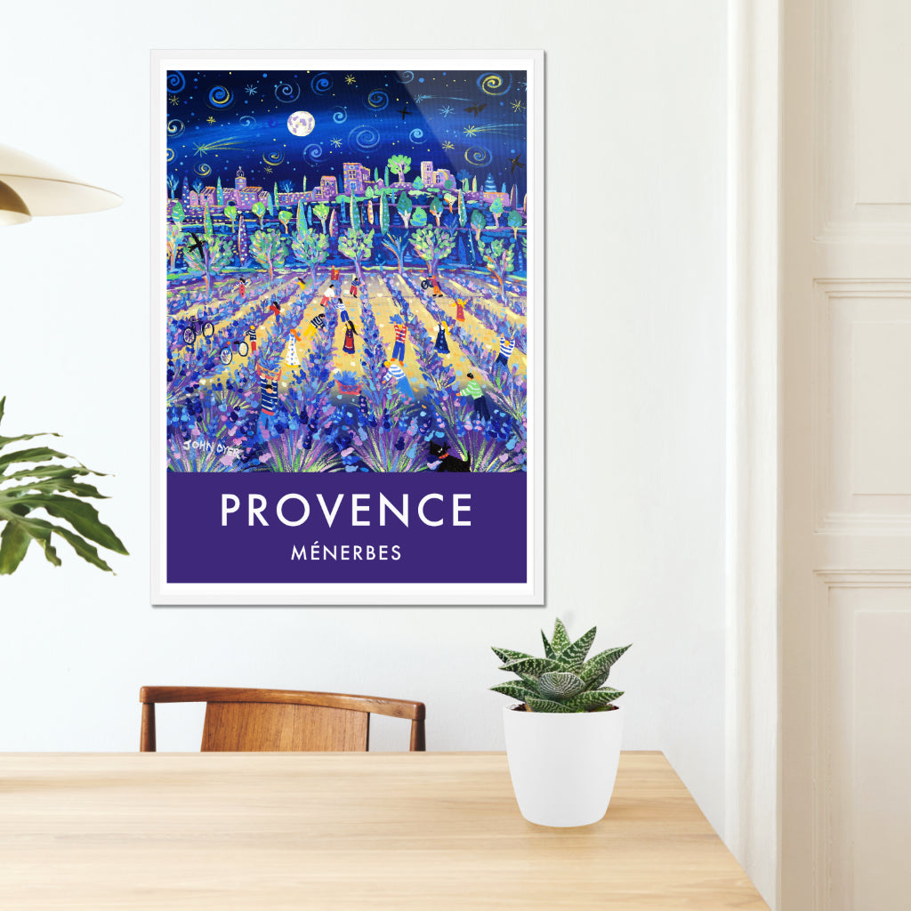 Lavender fields, Menerbes, Provence, France. Vintage Style Travel Poster Art Print by John Dyer.