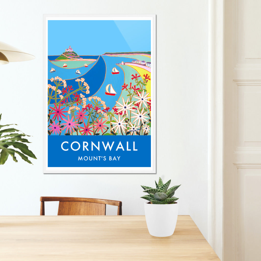 Mount&#39;s Bay &amp; St Michael&#39;s Mount Art Prints of Cornwall by Cornish Artist Joanne Short. Vintage Style Poster Print Art for Homes. Cornwall Art Gallery