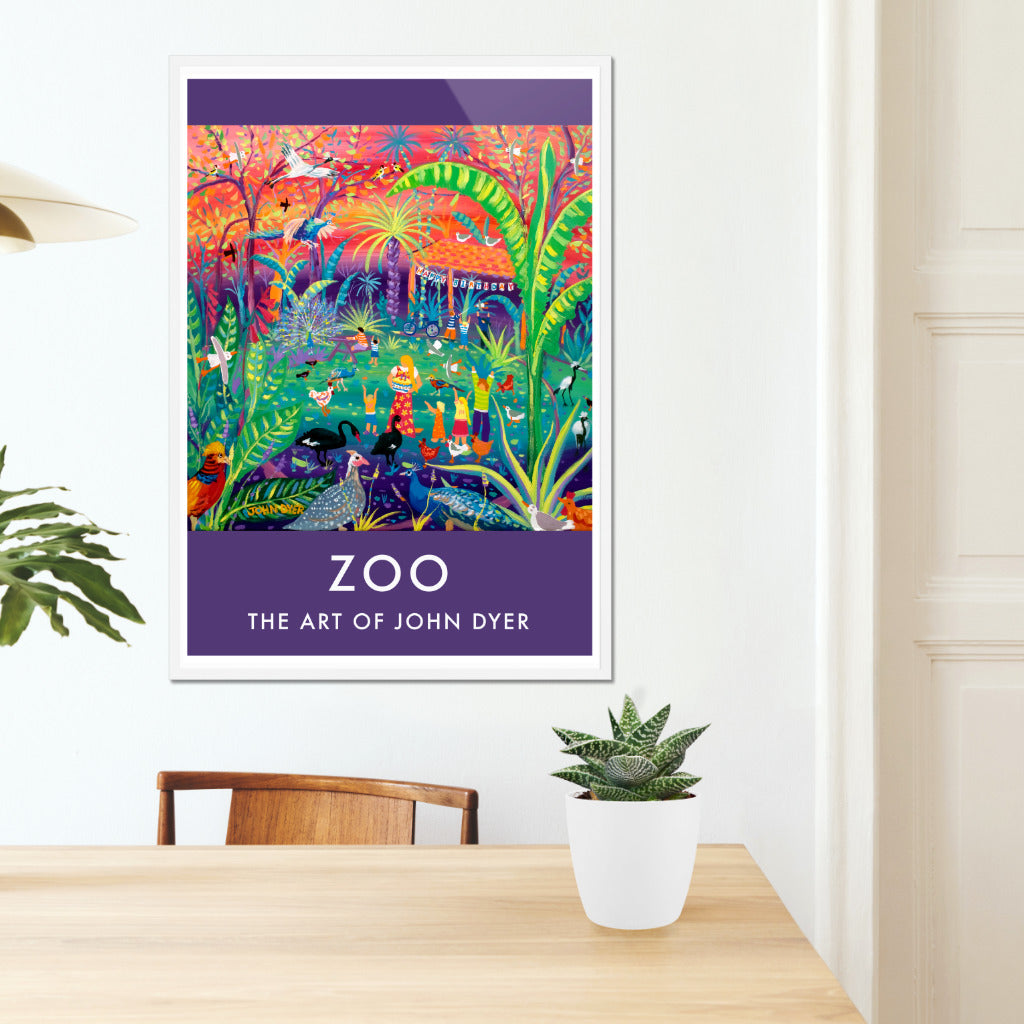 Zoo wall art poster print by artist John Dyer. As the artist in residence for Newquay Zoo in Cornwall for Darwin 200 John studied many of the zoo&#39;s birds to create this wonderful celebration image of a birthday party at the zoo. John noticed that a huge variety of birds gathered after and during the party to collect any crumbs of food. Wonderful. This art poster print is available unframed or framed in a range of sizes.