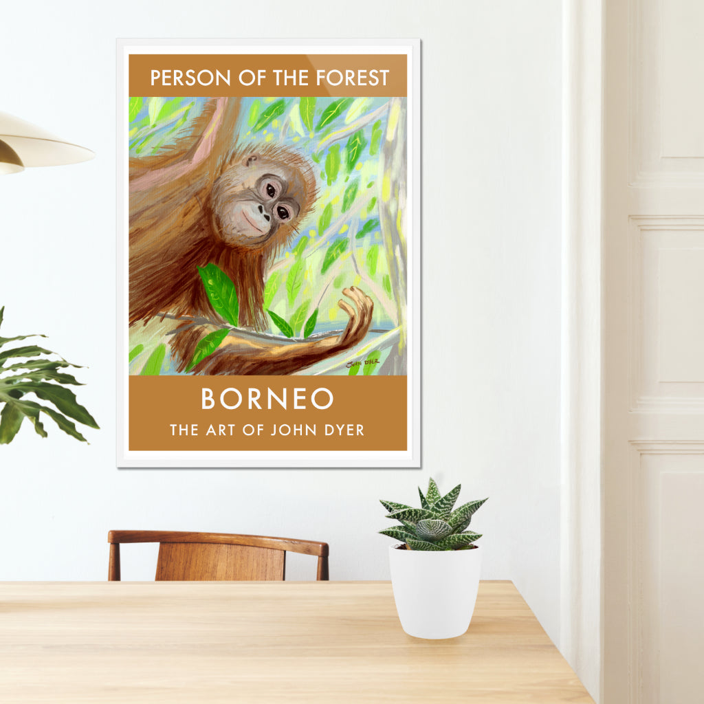 Vintage Style Travel Poster Art Print by Artist John Dyer. Baby Orangutan, Borneo Rainforest
