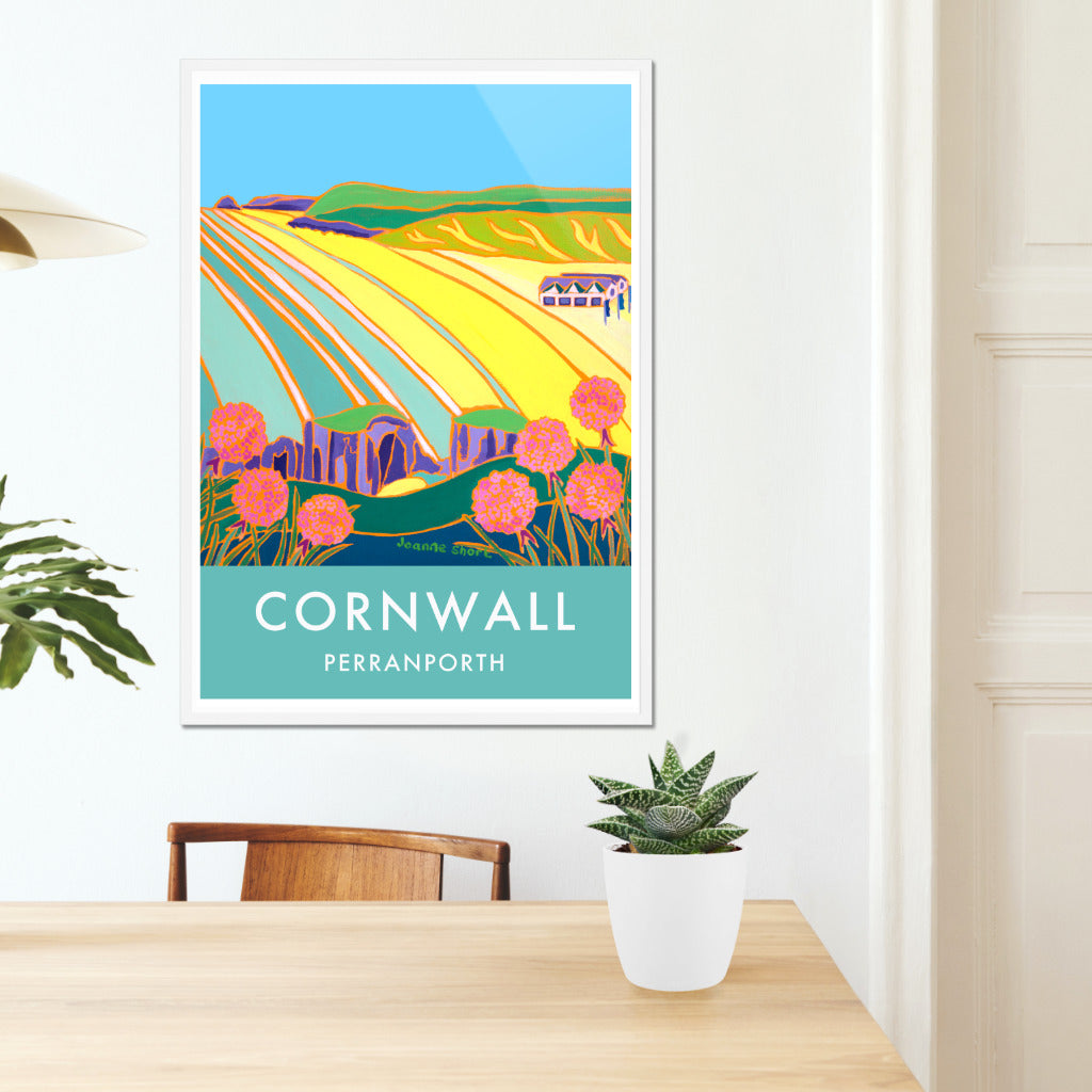 Perranporth Beach. Art Prints of Cornwall by Cornish Artist Joanne Short. Cornwall Art Gallery, Vintage Style Poster Art for Homes