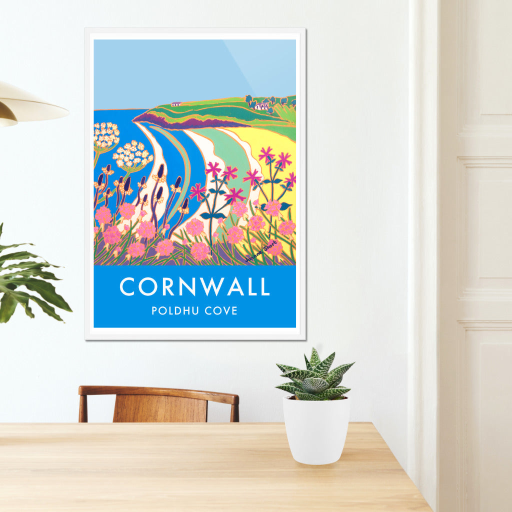 Poldhu Cove Art Prints of Cornwall by Cornish Artist Joanne Short. Art for Homes Vintage Style Poster Print. Cornwall Art Gallery