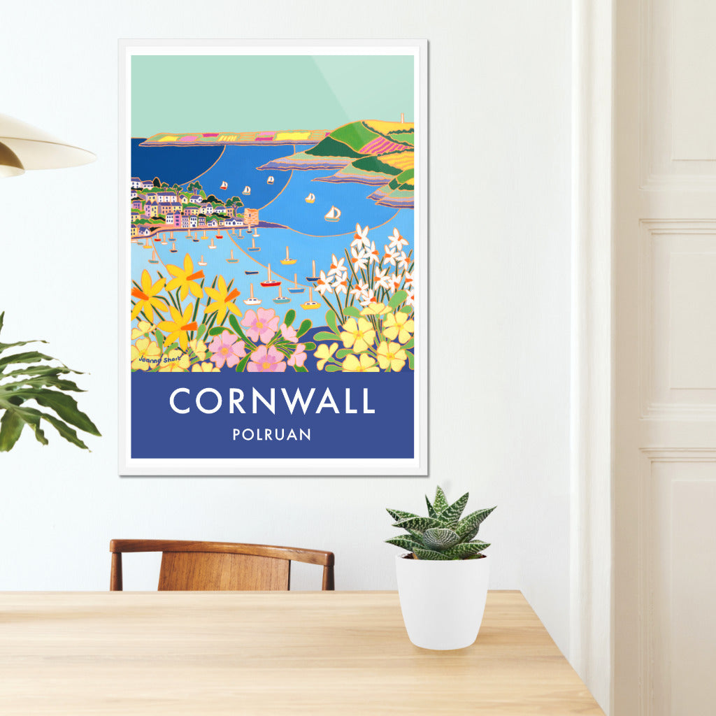 Polruan &amp; Fowey River Art Prints of Cornwall by Cornish Artist Joanne Short. Vintage Style Poster Print Art for Homes. Cornwall Art Gallery