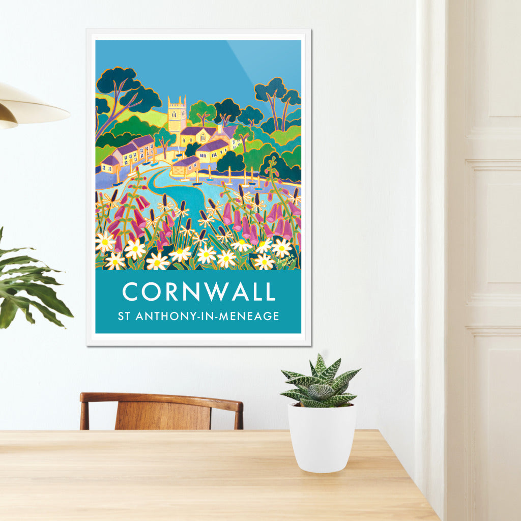 Wall art poster print of St Anthony-In-Meneage, Helford, Cornwall by Cornish artist Joanne Short. St Anthony-in-Meneage is one of the most delightful locations on the helford River in Cornwall. This beautiful wall art poster, by Cornish artist Joanne Short, features her painting &#39;Floating on a Rising Tide, St Anthony-in-Meneage&#39;. Wild flowers fill the foreground &amp; the tide gently fills Gillan creek. Boats float on the calm water &amp; the small hamlet of St Anthony &amp; the church can be seen beyond.