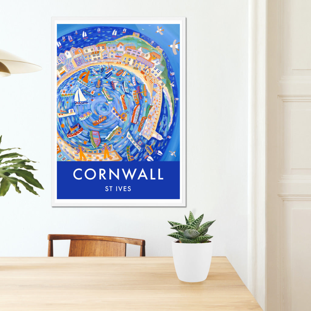 John Dyer Cornish wall art poster print &#39;Flying around the Harbour, St Ives&#39;. The artist has wrapped the harbour of St Ives in Cornwall around in a circle which gives us a seagull&#39;s eye view of St Ives in this spectacular and fun image of one of Cornwall&#39;s most famous seaside towns. A perfect seaside art poster print for your home or office which is sure to bring a touch of Cornwall and the sea into your life. Available unframed or framed in a range of great sizes.