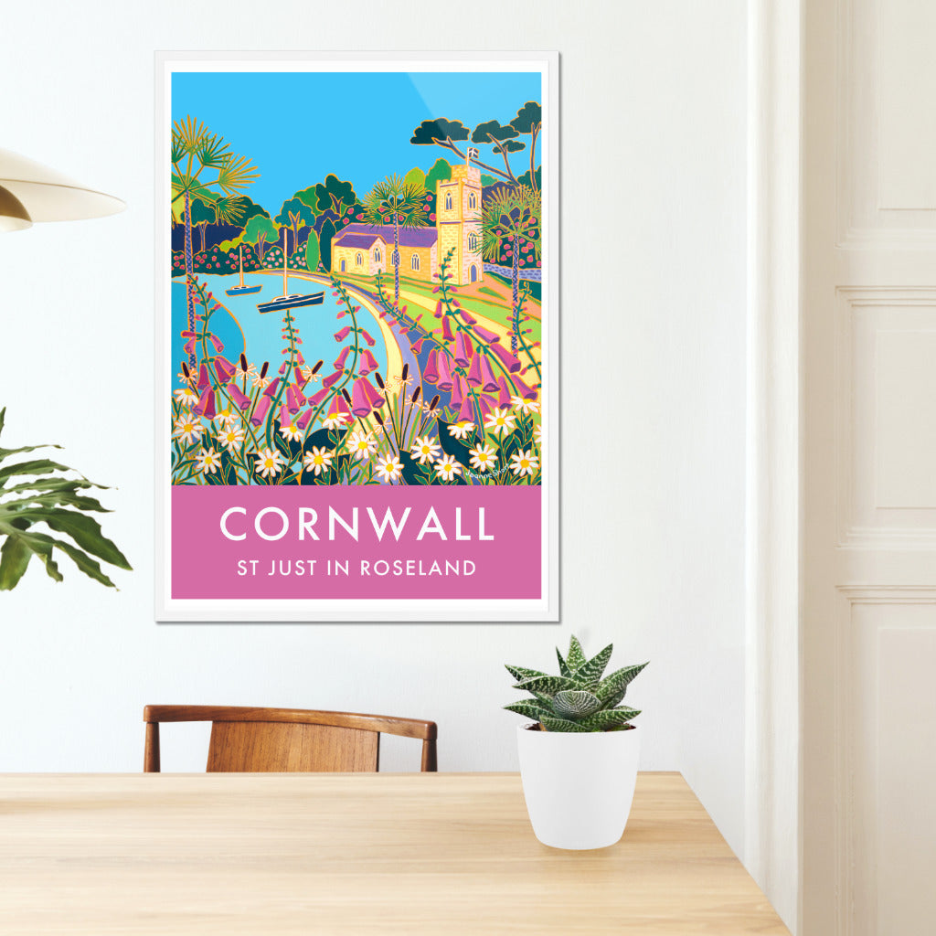 Cornish wall art poster print of St Just in Roseland Church by artist Joanne Short. An incredibly beautiful vintage style wall art poster print of the church at St Just In Roseland by Cornish artist Joanne Short. Featuring her painting &#39;Spring Flowers at High Tide, St Just in Roseland&#39; the image is full of wild Cornish flowers and colour with palm trees, foxgloves, daisies and wild grasses. Available unframed, or framed and ready to hang on your wall.
