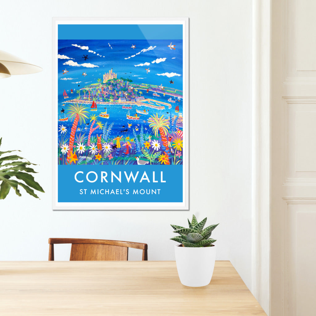 A beautiful wall art poster print by Cornish artist John Dyer of St Michael&#39;s Mount and Mount&#39;s Bay at Marazion in Cornwall. Palm trees, flowers, echiums and more fill the foreground in this energetic depiction of life in Cornwall. A family enjoy the sunshine and boats, skinny dippers, seals and seagulls create a fabulous narrative in the bay. The perfect art poster to bring Cornwall into your interior from Cornwall&#39;s most famous contemporary artist.