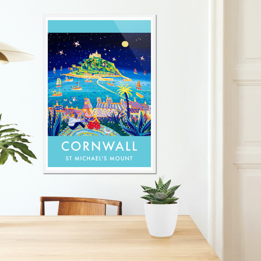 This stunning vintage style art poster print by Cornwall&#39;s best loved contemporary artist, John Dyer, is of a full moon over St Michael&#39;s Mount. A couple picnic under the stars in the foreground surrounded by sub-tropical plants. A seagull joins them looking for crumbs and the view out over Marazion to Mount&#39;s Bay beyond is stunning. Wonderful colours and great narrative in this very special art poster print or Cornwall. Available unframed or framed and ready to hang on your wall.