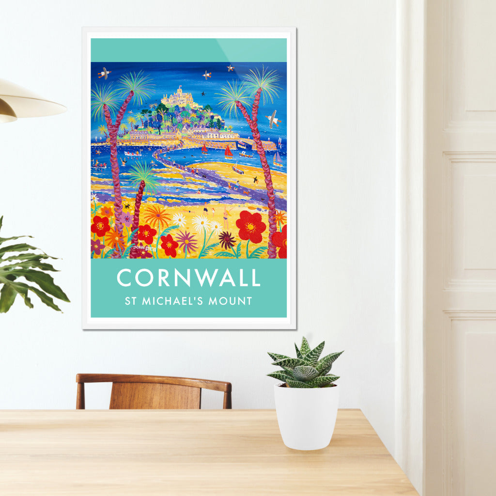 St Michael&#39;s Mount fine art wall poster print by Cornish artist John Dyer. This stunning art poster print features the work of John Dyer and his picture of low tide at St Michael&#39;s Mount as people walk across the causeway. Stunning use of colour and the highest quality paper and printing combine to create a stunning art print of Cornwall&#39;s most visited location by Cornwall&#39;s best know artist. Available unframed or framed and ready to hang in your home.