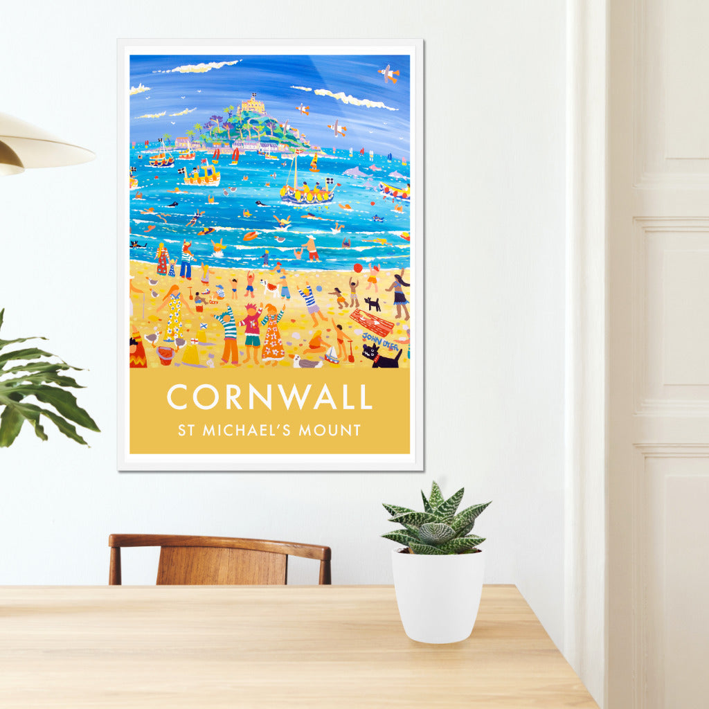If you love Cornwall you will love this vintage seaside art poster print of St Michael&#39;s Mount by Cornwall&#39;s most acclaimed contemporary painter John Dyer. Wonderful typography combined with block colour and John&#39;s amazing painting provide a perfect vintage look. Surfers, seals, dogs, divers, fishing boats, dolphins &amp; much more create a real sense of fun and lots to see in this vibrant print. Available unframed or framed and ready to hang on your wall.