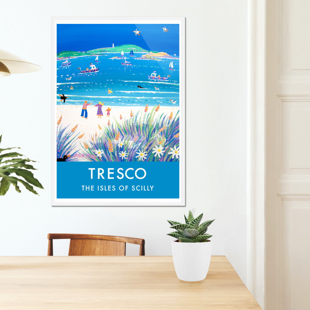 John Dyer wall art poster print of Tresco, Isles of Scilly in Cornwall. The Island of Tresco, Isles of Scilly is a favourite subject for Cornish artist John Dyer to paint. This vintage style seaside travel art poster print features one of the artist&#39;s paintings of the beach on Tresco. The wonderfully blue sea and white sand make a wonderful backdrop for the wild grasses and flowers that grow around the coast. A fabulous art poster print that captures Tresco at its best.