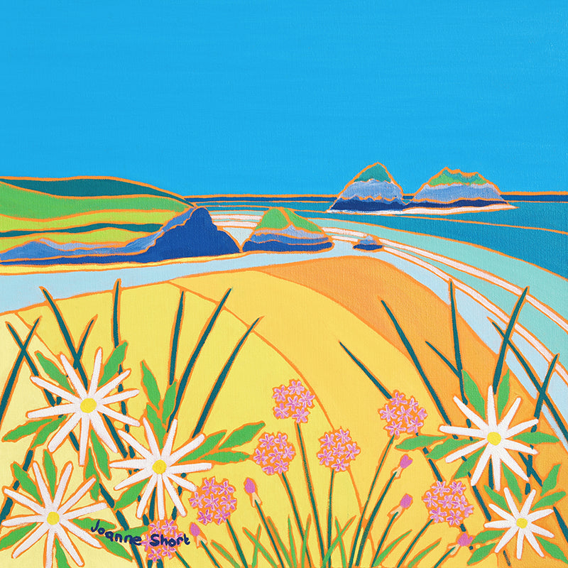 Original Painting by Joanne Short. Sea Pinks and Daisies, Holywell Bay, Cornwall.