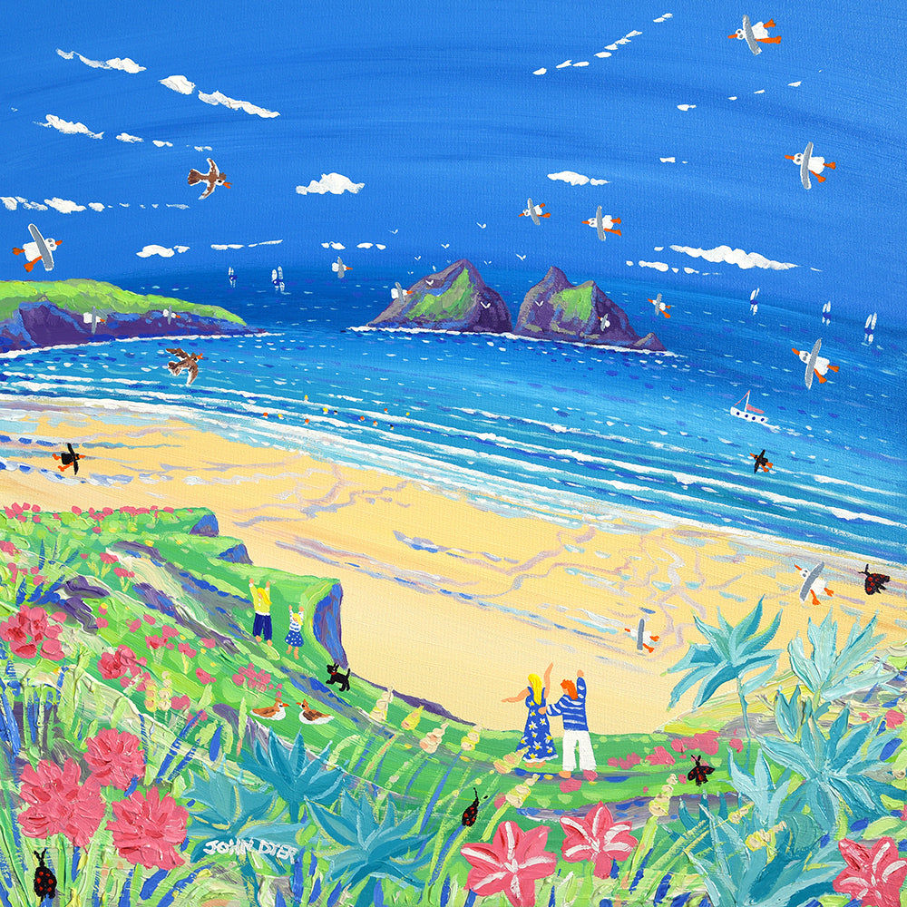 Limited Edition Print by Cornish Artist John Dyer. Summer Days, Holywell Bay Beach. Cornwall Art Gallery Print